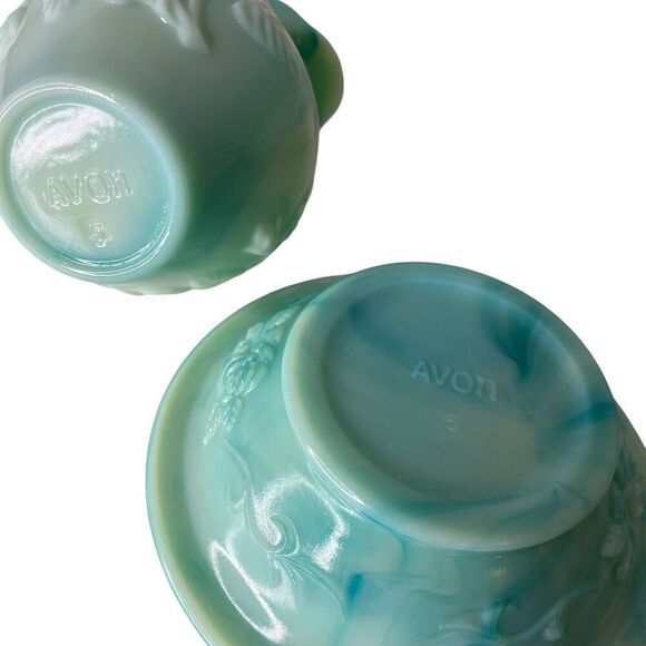 Vintage Avon Jade Marble Milk Glass Pitcher Mini Bowl Rose Victorian Blue - Picture 16 of 16